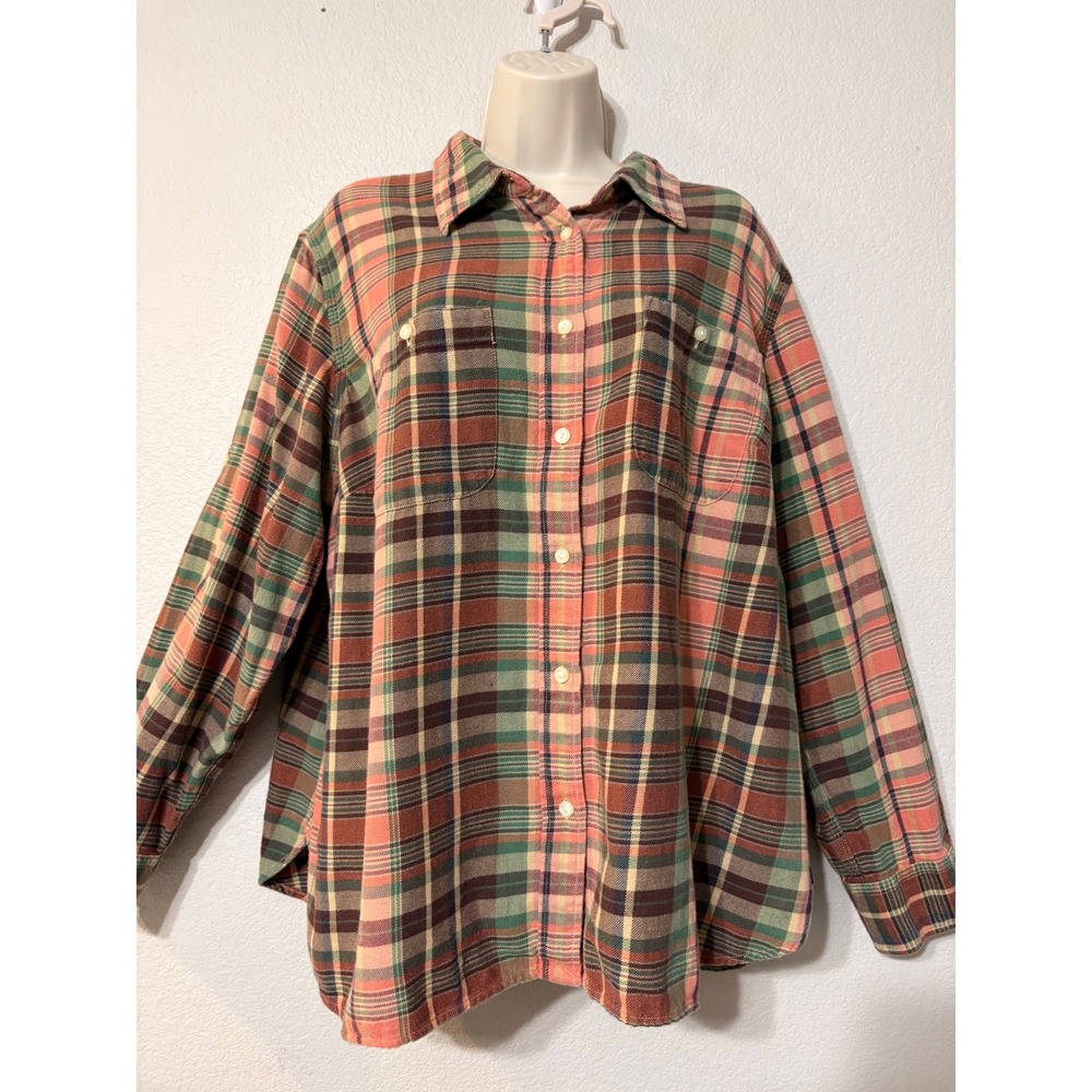 Lauren Ralph Lauren Plaid Flannel Roll Tab Sleeve Shirt Orange Green 2X